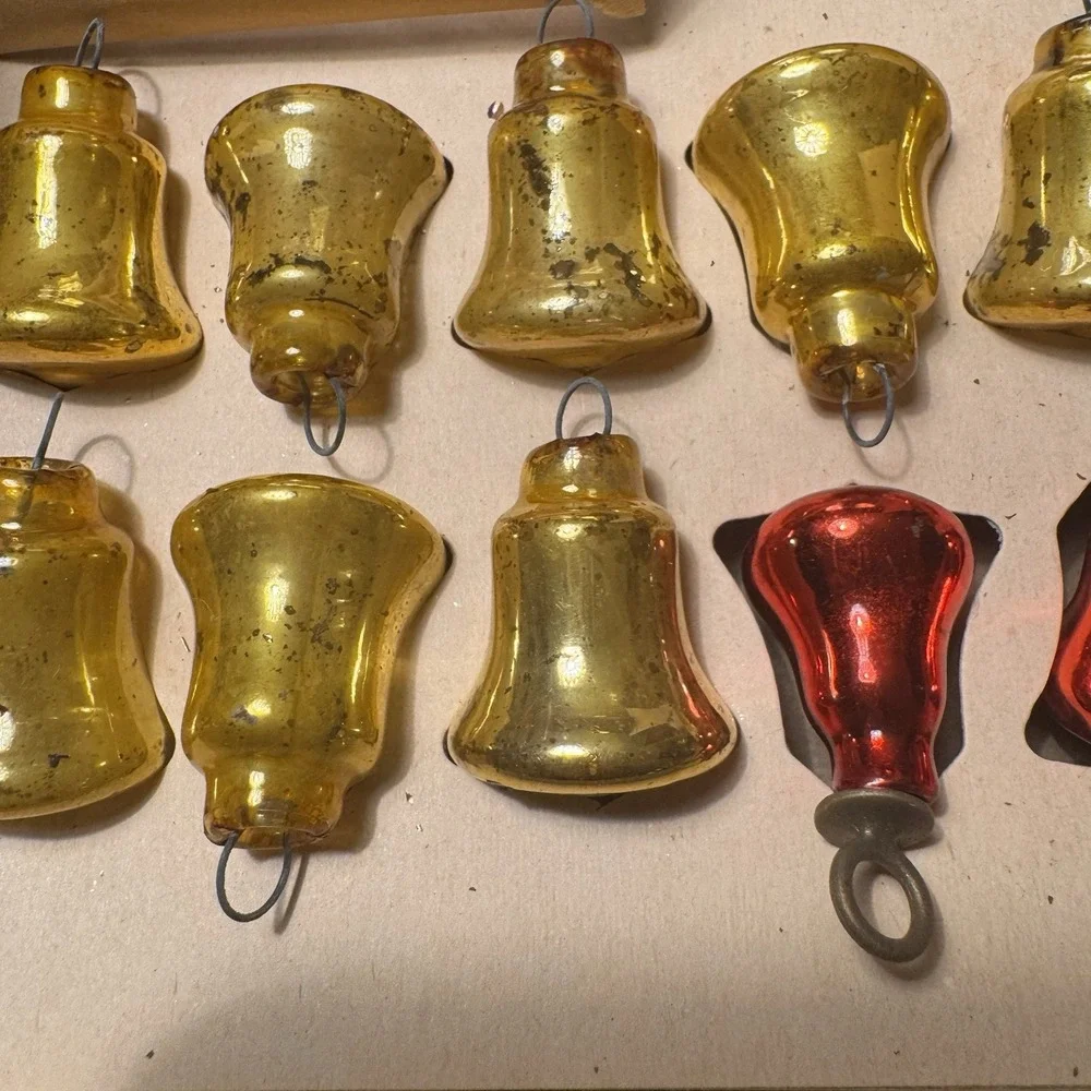 Vintage Shiny Brite Glass Tree Ornaments Bells ~ 8 Gold, 2 Red ~ 2 Wire Hangers